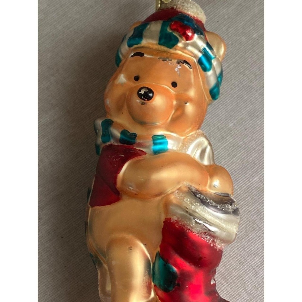 Vintage Disney Christmas Winnie The Pooh Blown Glass Stocking Ornament 5" s6